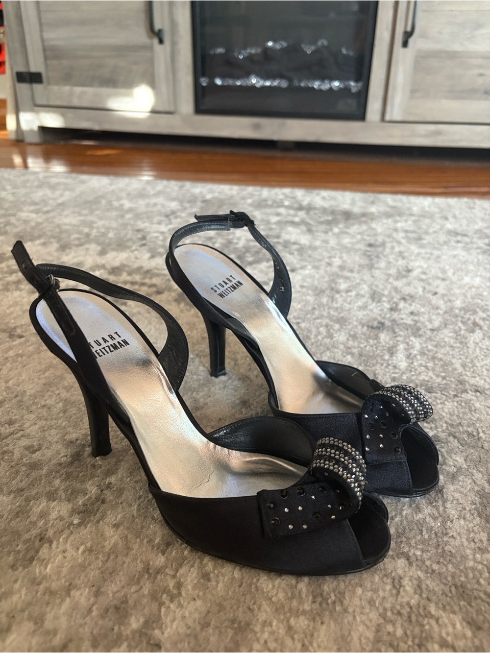 Stuart Weitzman Black Crystal Bow Slingback Heels